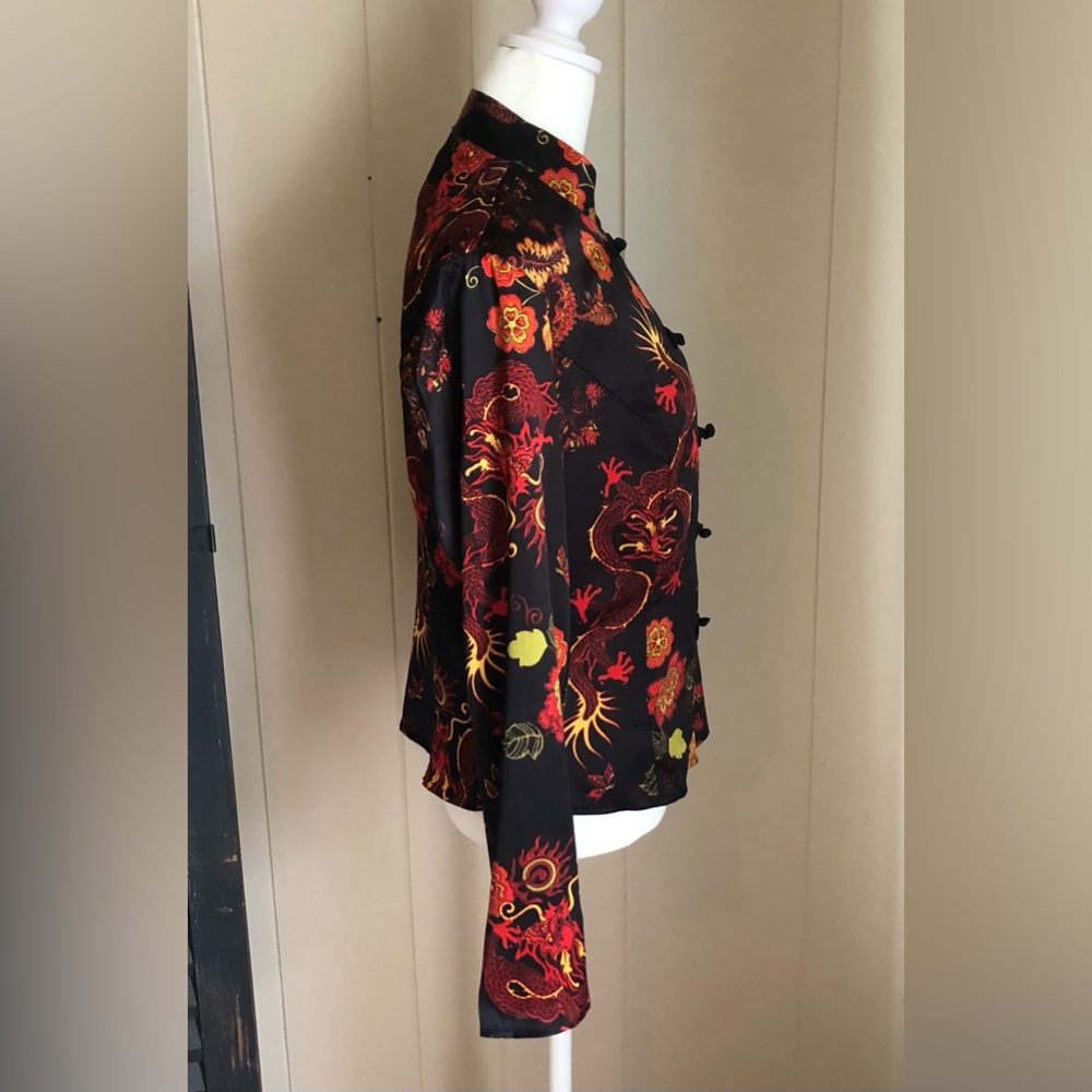 CLIO Vintage 80’s Black Orange Satin Dragon Print Top Blouse by Clio Size 8 - Picture 4 of 7